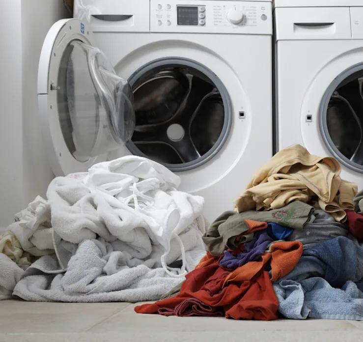 Modern washer and dryer set in a bright laundry room